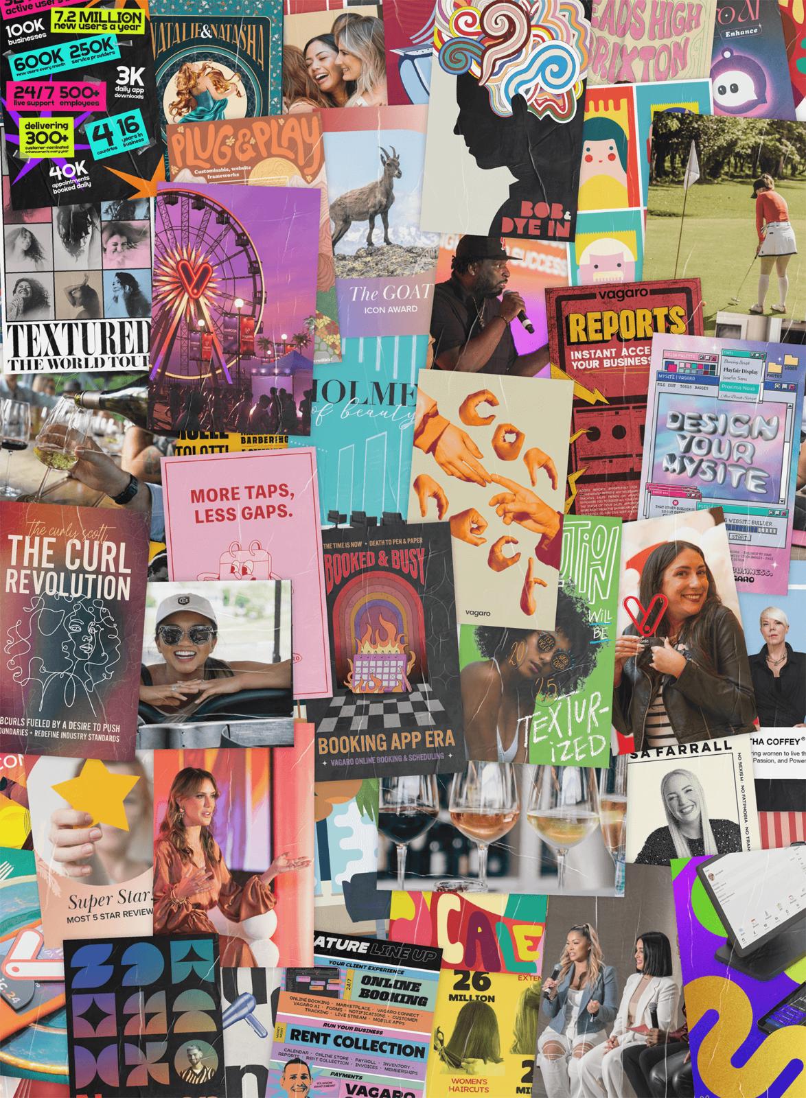 A collage of posters highlighting past iconic events and Vagaro's top features.